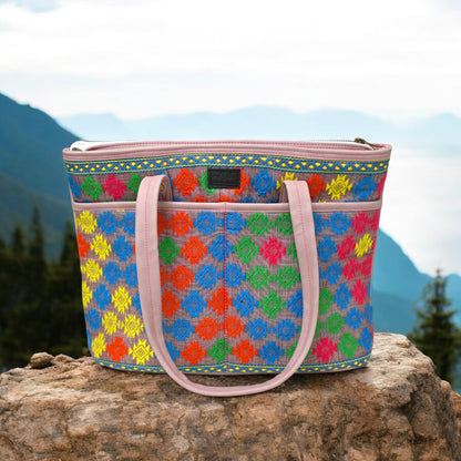 Handcrafted Multicolour Tote Bag with tribal artisanal handwoven floral design, L-10cm X W-45cm X H-30cm