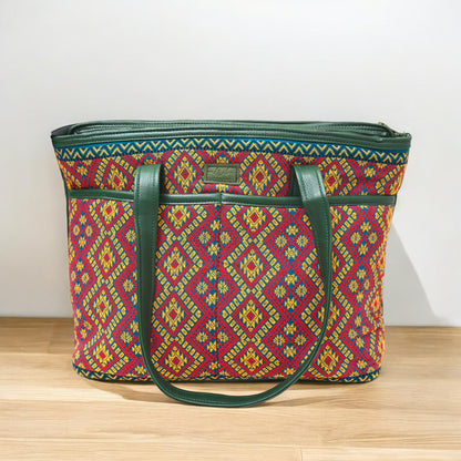 Handcrafted Tote Bag with Geometric Handwoven artisanal design (bottle green)