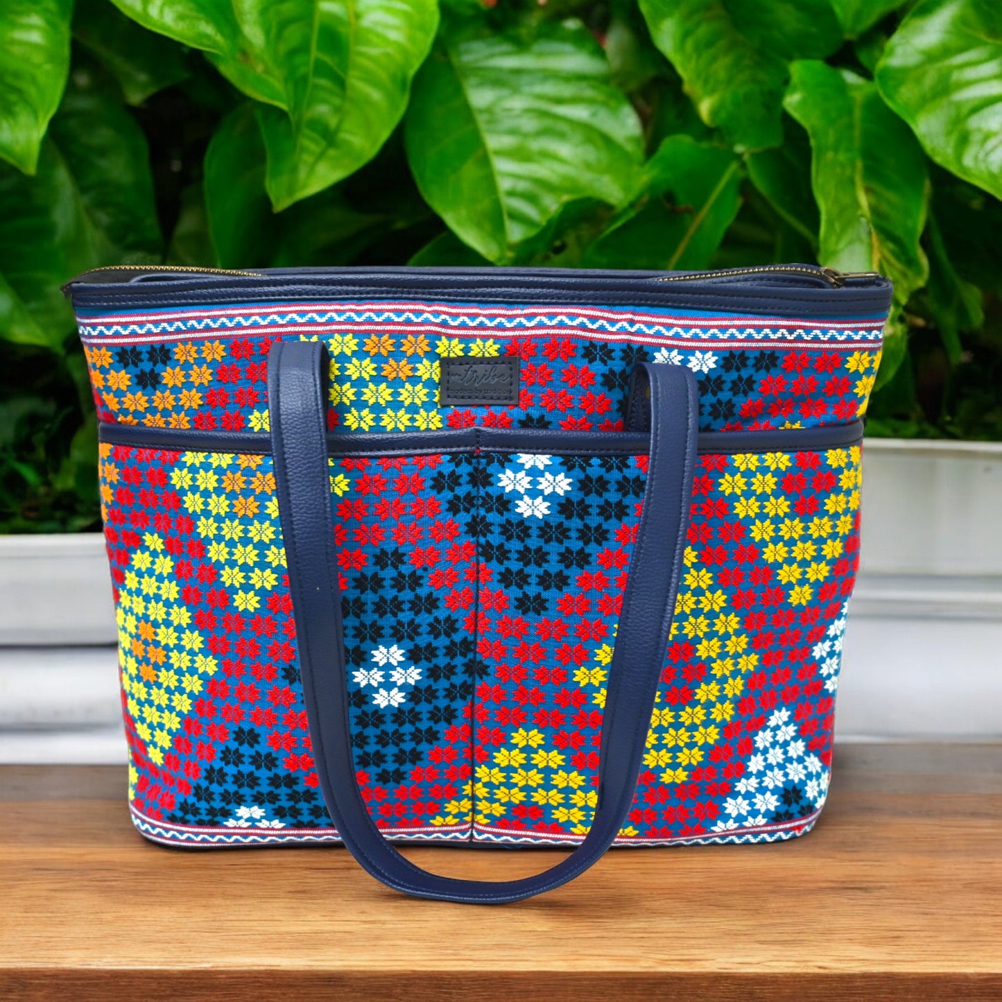 Ethnic Tote Bag with multicolor handwoven artisanal textile art, Royal Blue