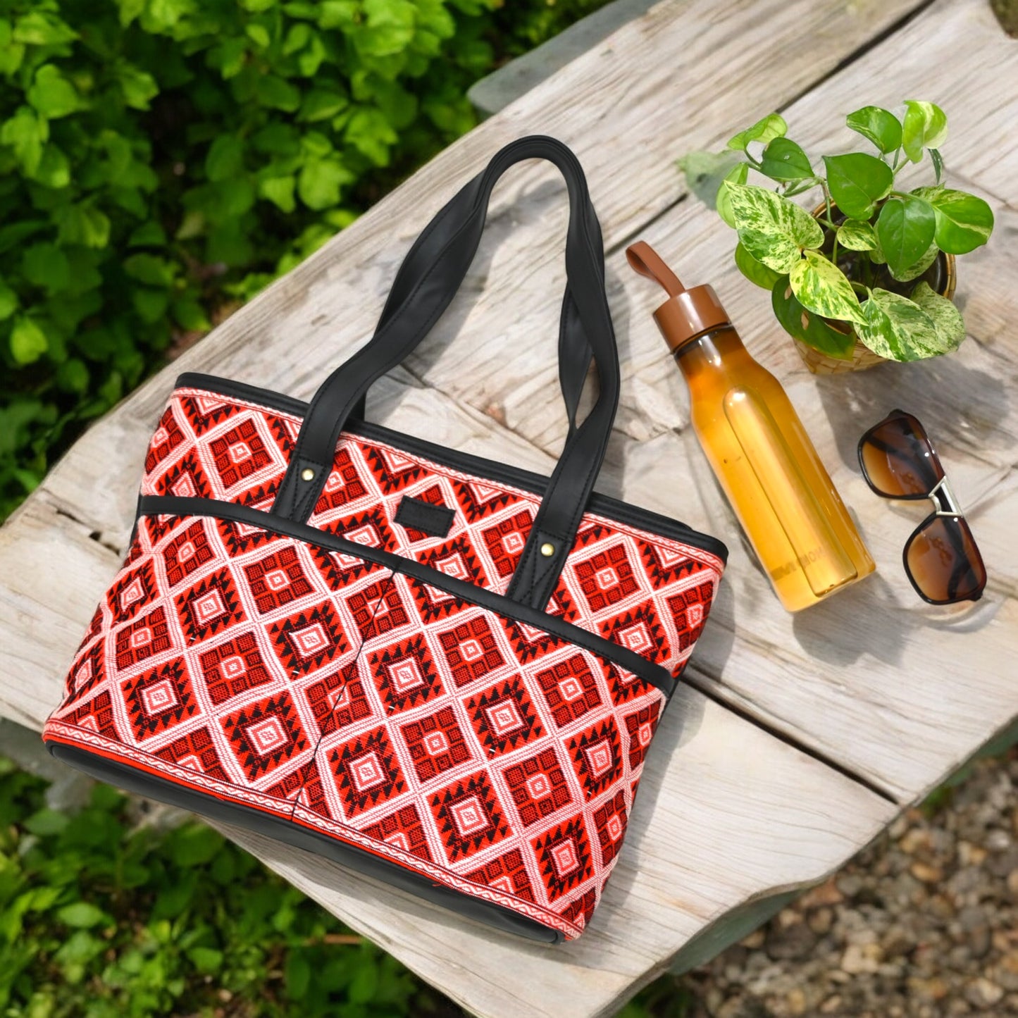 Ethnic Tote Bag with handwoven artisanal textile art, Red and White Diamond Pattern