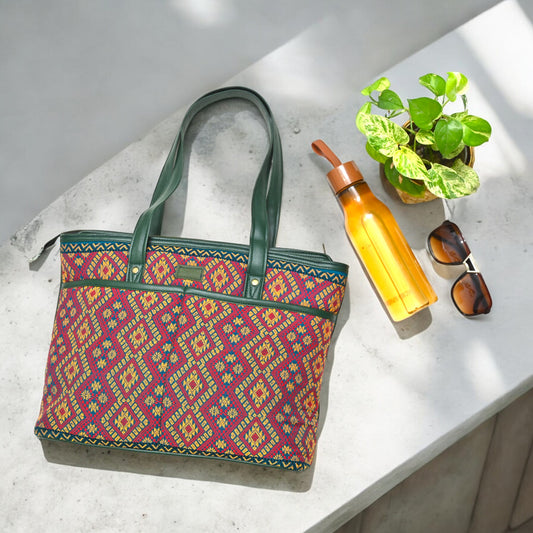 Handcrafted Tote Bag with Geometric Handwoven artisanal design (bottle green)