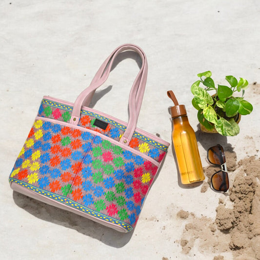 Handcrafted Multicolour Tote Bag with tribal artisanal handwoven floral design, L-10cm X W-45cm X H-30cm