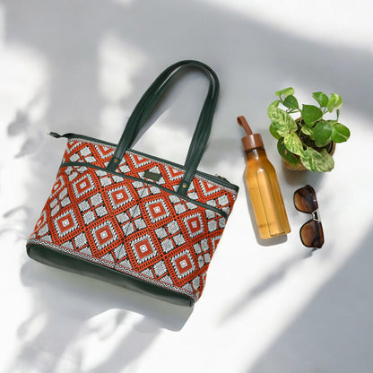 Ethnic Patterned Zipper Tote Bag, Orange and White Diamonds,