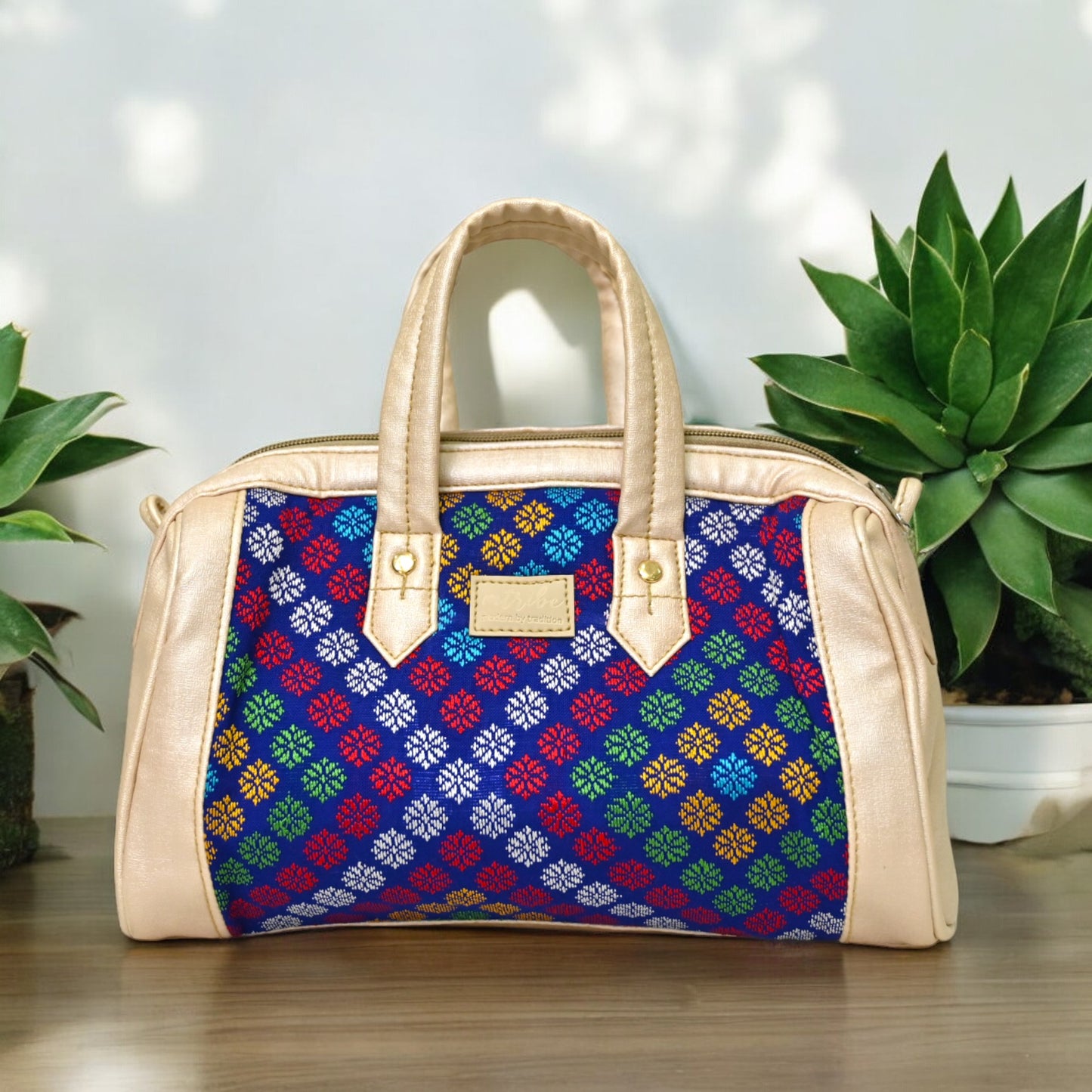 Premium Beige & blue Motif Mini Duffle